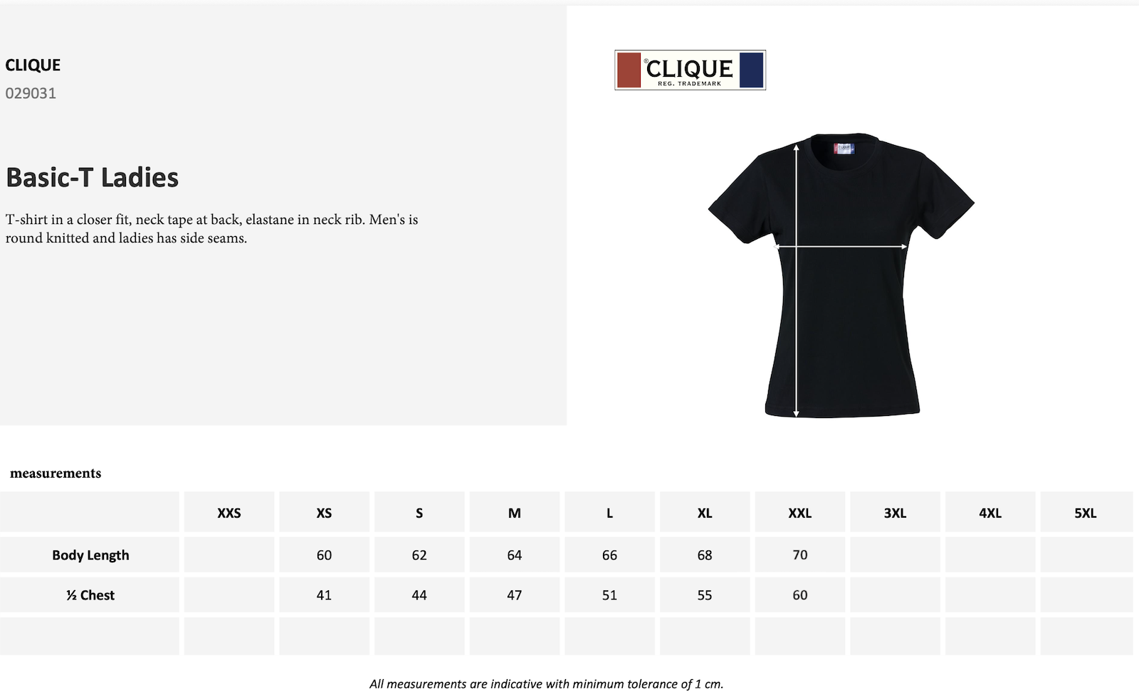 Ladies T-shirt size chart