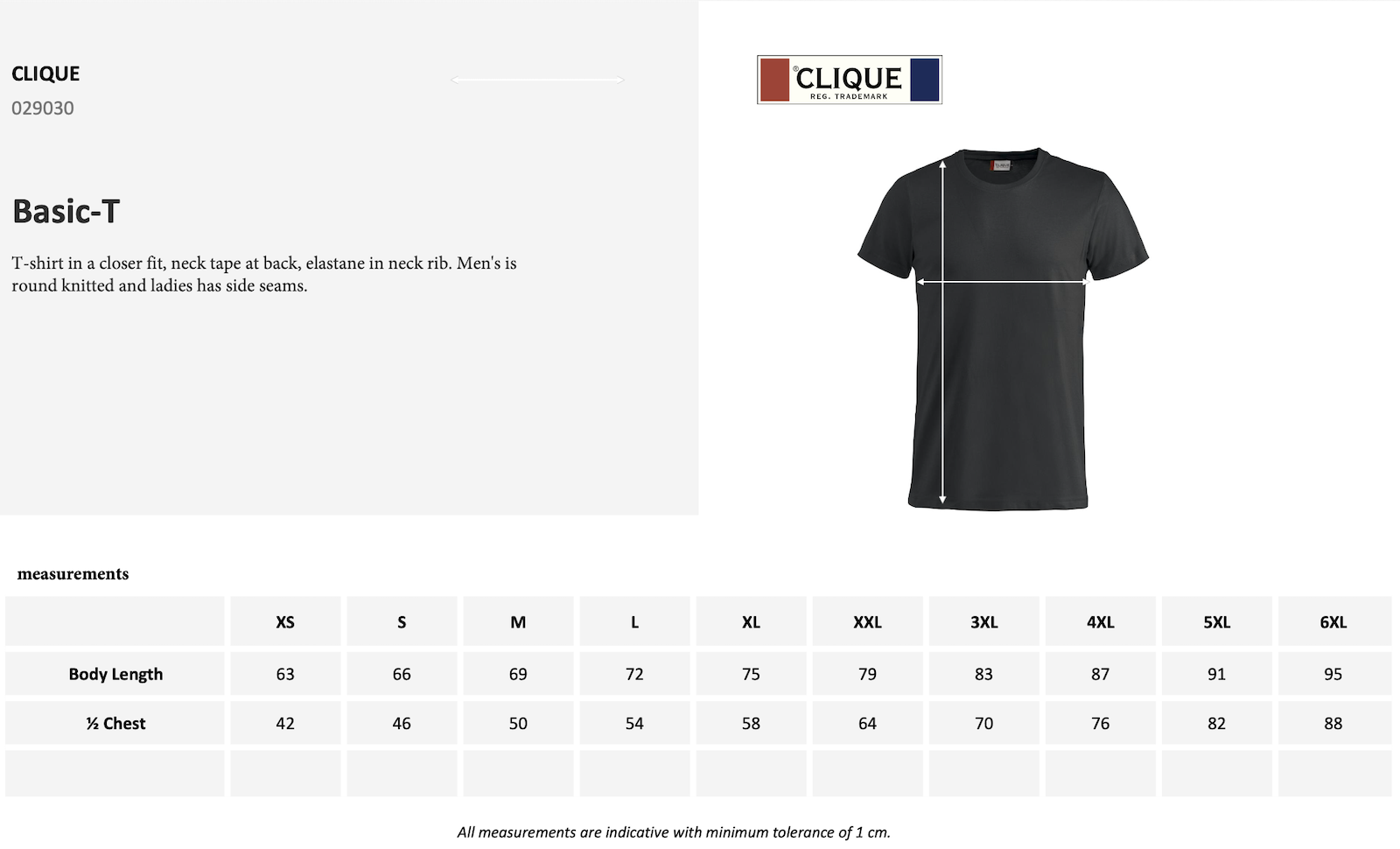 Unisex T-shirt size chart